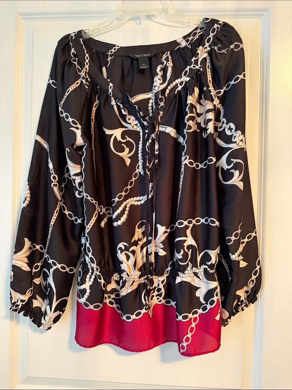 White House Black Market Black & Pink Chain-Print Peasant Tunic